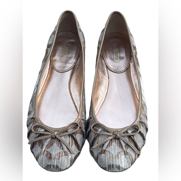 Coach Landon Round Toe Ballet Flat Cream/Gold Fabric Trimmed in Gold Leather 6B - Picture 2 of 6